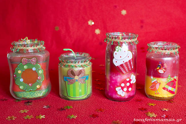 Χριστουγεννιάτικα κεριά με παλιές κηρομπογιές.